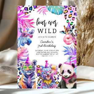 Four Ever Wild Safari Animals 4th Birthday  Invitation