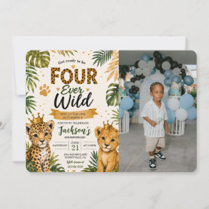 Four Ever Wild Safari Animals 4th Birthday Photo Invitation
