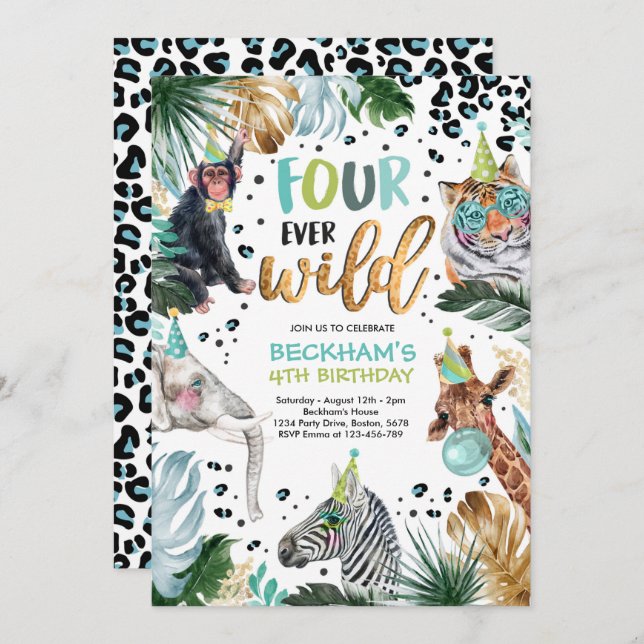 Four Ever Wild Safari Animals 4th Boy Birthday Invitation (Front/Back)