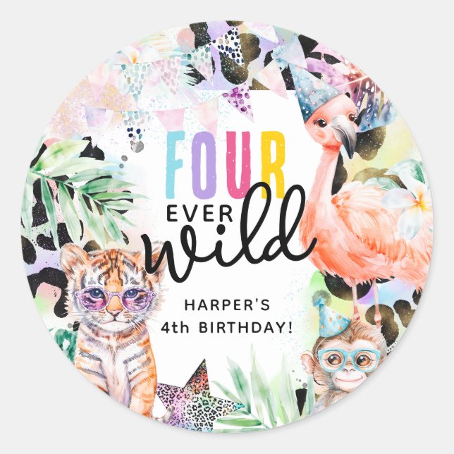 FOUR ever Wild Safari Animals Cool 4th Birthday Classic Round Sticker (Front)
