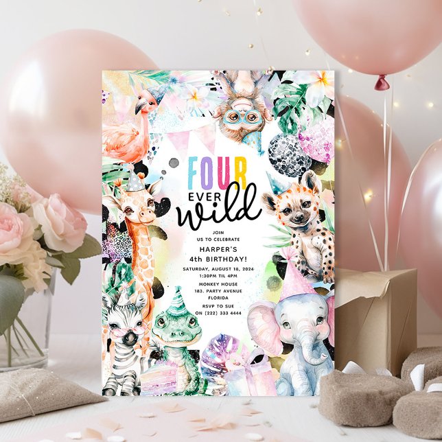 Four Ever Wild Safari Animals Cool 4th Birthday Invitation (Creator Uploaded)