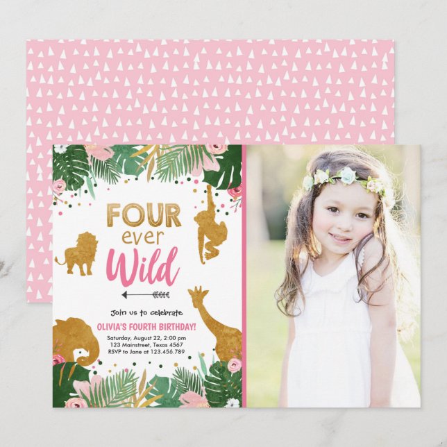 Four Ever Wild Safari Animals Girl Birthday Invitation (Front/Back)