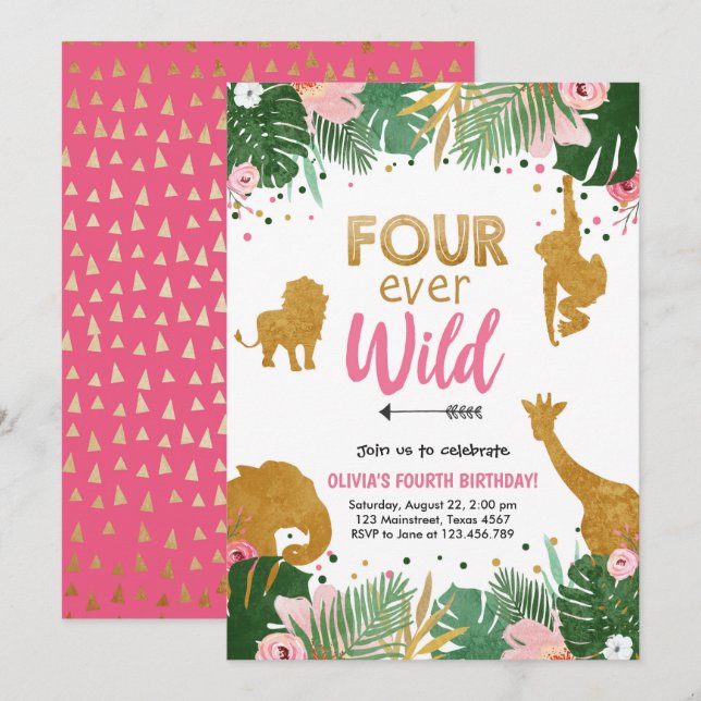Four Ever Wild Safari Animals Girl Birthday Invitation (Front/Back)
