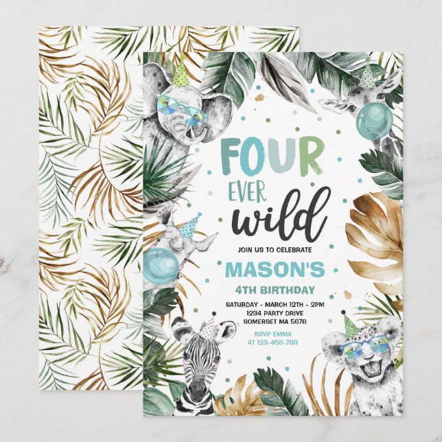 Four Ever Wild Safari Birthday Party Animals Invitation (Front/Back)