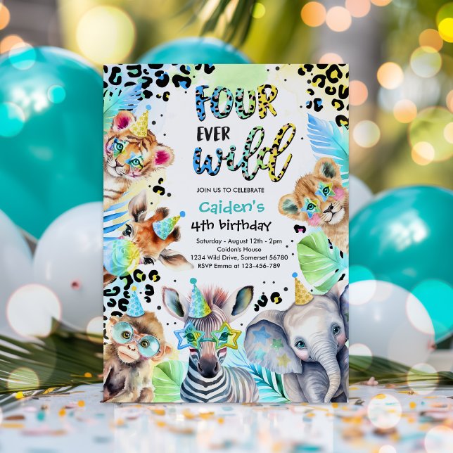 Four Ever Wild Safari Boy Party Animals Birthday Invitation (Creator Uploaded)