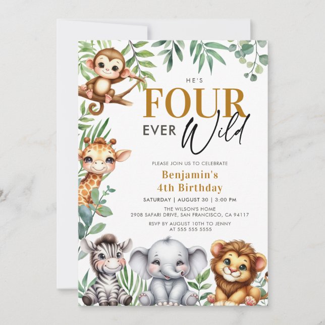 Four Ever Wild Safari Jungle Animals 4th Birthday Invitation (Front)