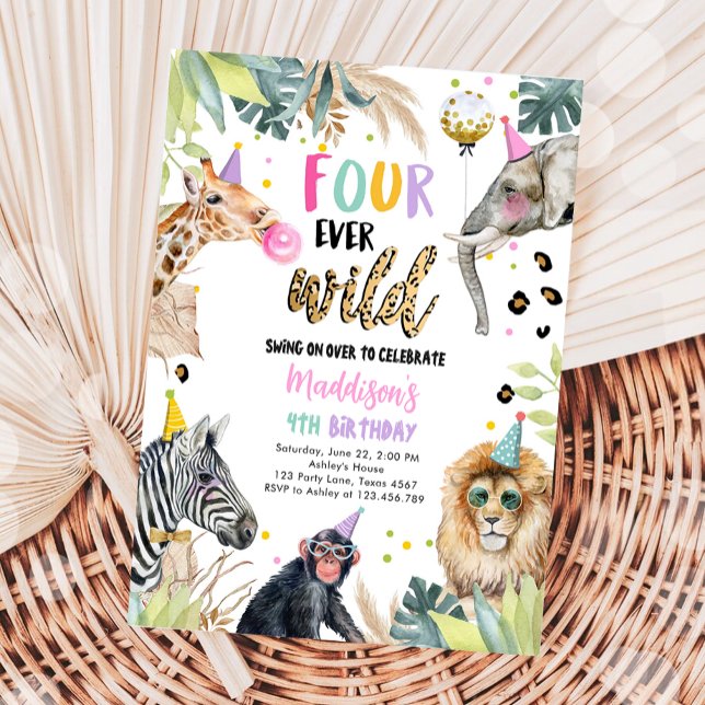 Four Ever Wild Safari Party Animals 4th Birthday Invitation (Creator Uploaded)