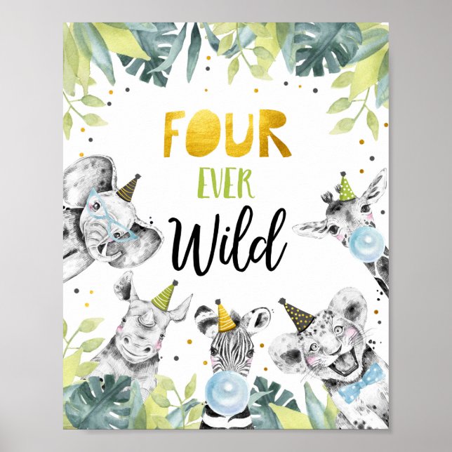 Four Ever Wild Safari Party Animals Birthday Sign (Front)