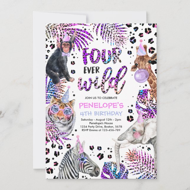 Four Ever Wild Safari Rainbow Cheetah 4th Birthday Invitation (Front)