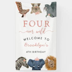 Four Ever Wild Safari Theme Girl's 4th Birthday Banner
