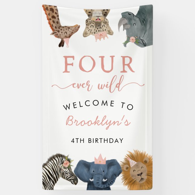 Four Ever Wild Safari Theme Girl's 4th Birthday  Banner (Vertical)