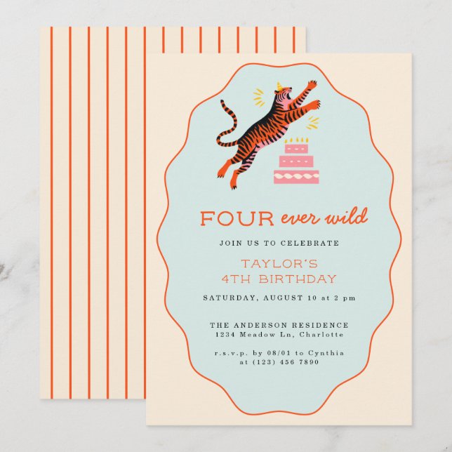 Four Ever Wild Tiger Kids 4th Birthday Invitation (Front/Back)