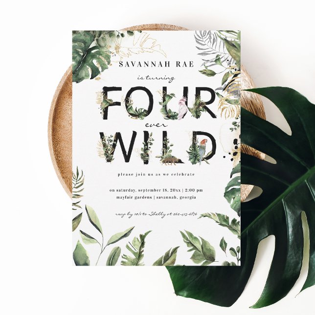Four Ever Wild Tropical Greenery 4th Birthday  Invitation (Creator Uploaded)