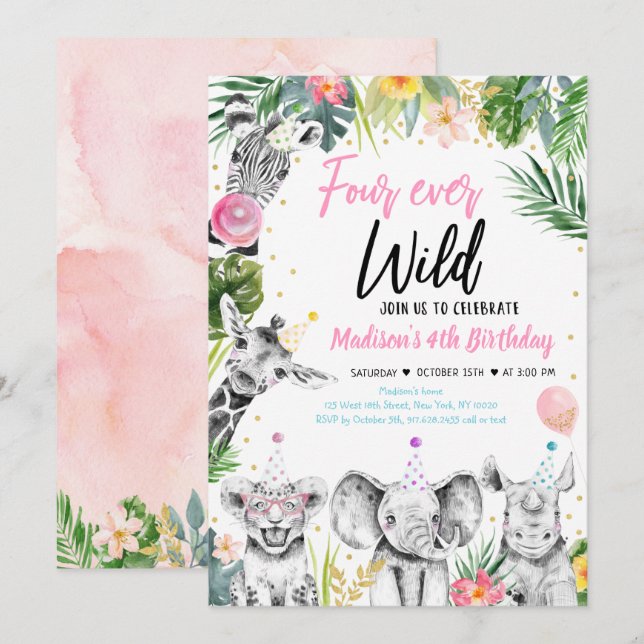 Four ever Wild Tropical Safari Girl Birthday Invitation (Front/Back)