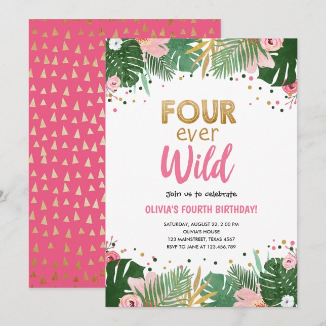 Four Ever Wild Tropical Safari Girl Birthday Invitation (Front/Back)