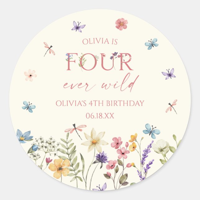Four Ever Wild Wildflower 4th Birthday Party Classic Round Sticker (Front)