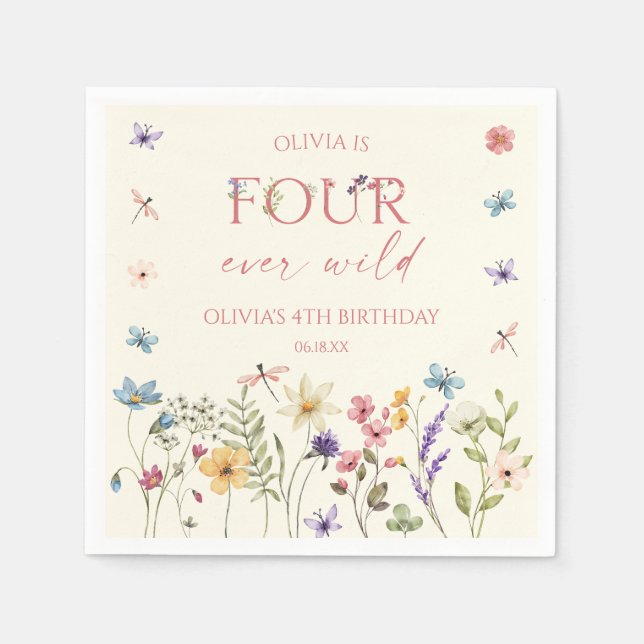 Four Ever Wild Wildflower 4th Birthday Party Napkin (Front)
