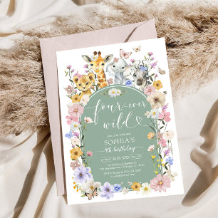 Four Ever Wild Wildflower Animal 4th Birthday Invitation