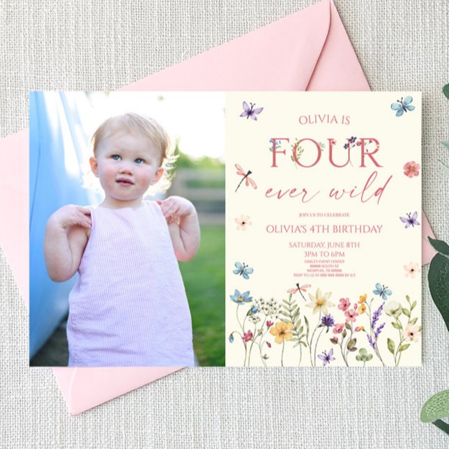 Four Ever Wild Wildflower Photo 4th Birthday Party Invitation (Creator Uploaded)