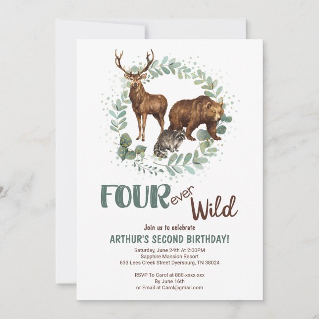 Four Ever Wild Woodland Birthday Invitation Boys (Front)