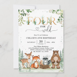 Four Ever Wild Woodland Party Animals 4th Birthday Invitation