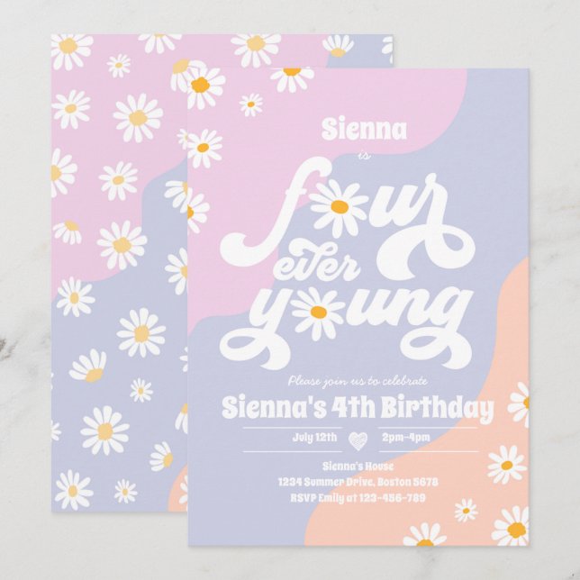 Four Ever Young 4th Birthday Party Boho Daisy Invitation (Front/Back)