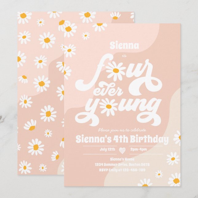 Four Ever Young 4th Birthday Party Boho Daisy Invitation (Front/Back)