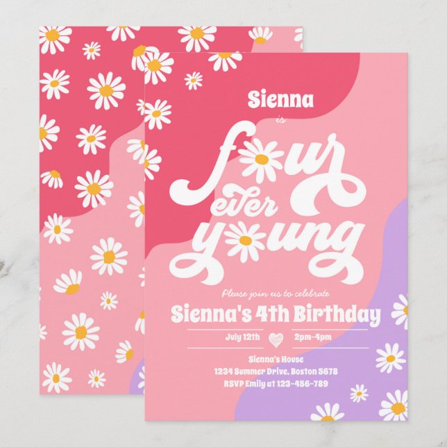 Four Ever Young 4th Birthday Party Boho Daisy Invitation (Front/Back)