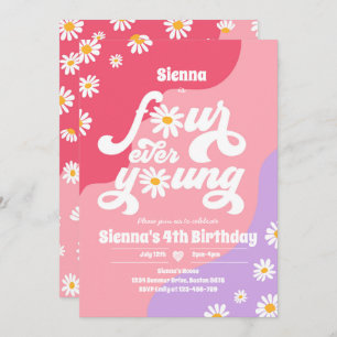Four Ever Young 4th Birthday Party Boho Daisy Invitation
