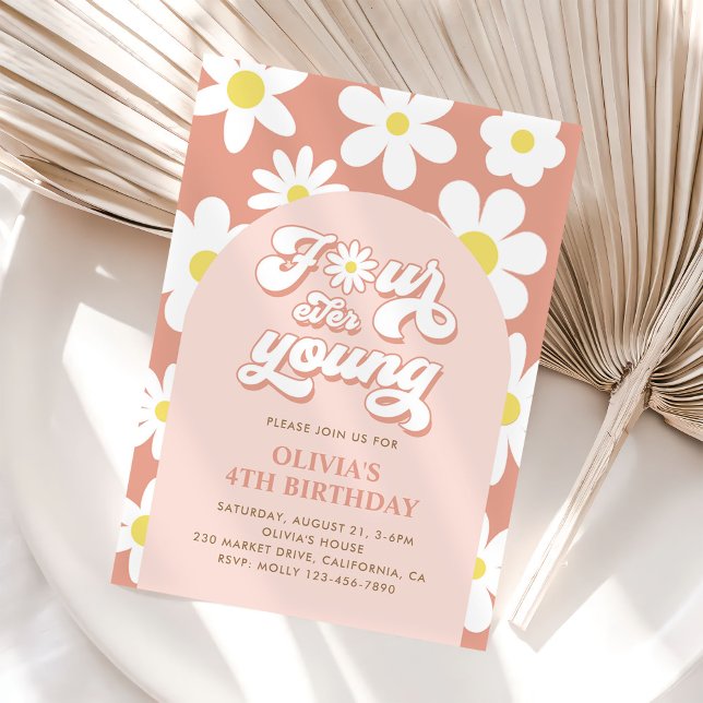 Four Ever Young Boho Daisy 4th Birthday Invitation (Creator Uploaded)