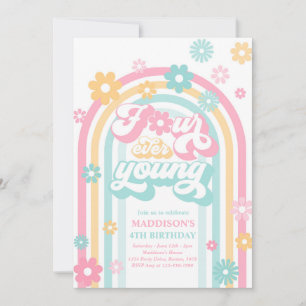 Four Ever Young Boho Daisy Rainbow 4th Birthday Invitation