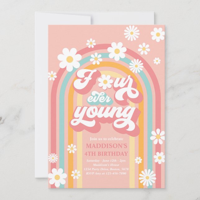 Four Ever Young Boho Daisy Rainbow 4th Birthday Invitation (Front)