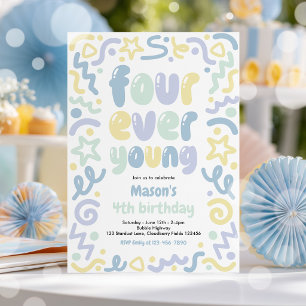Four Ever Young Confetti Balloon 4th Birthday  Invitation