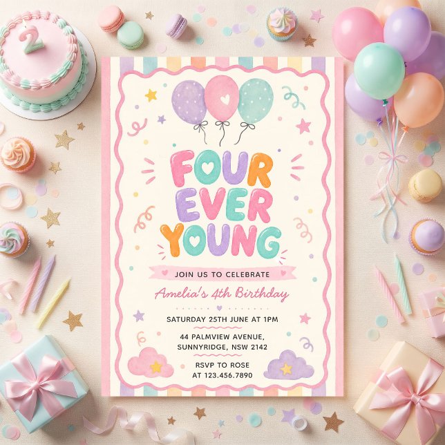 Four Ever Young Confetti Balloon 4th Birthday Invitation (Creator Uploaded)