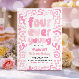 Four Ever Young Confetti Balloon 4th Birthday Invitation