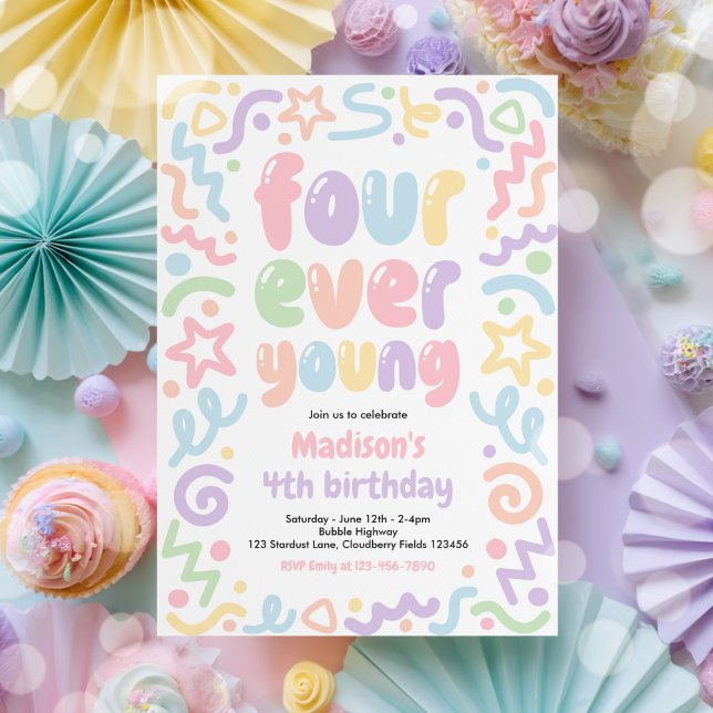 Four Ever Young Confetti Balloon 4th Birthday  Invitation (Creator Uploaded)