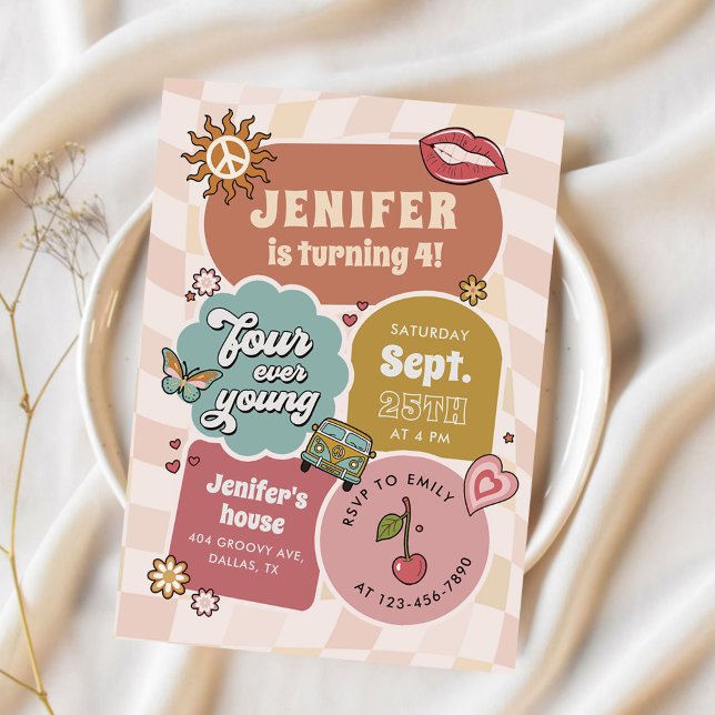 Four Ever Young Groovy Daisy 4th Birthday Party Invitation (Creator Uploaded)