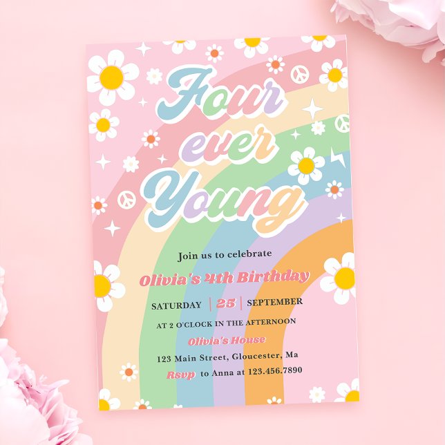 Four Ever Young Groovy Daisy Rainbow 4th Birthday Invitation (Creator Uploaded)