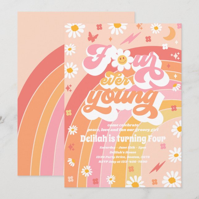 Four Ever Young Groovy Rainbow 4th Birthday Party Invitation (Front/Back)
