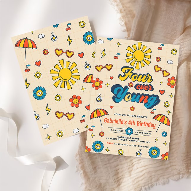 Four Ever Young Groovy Retro Daisy 4th Birthday Invitation (Creator Uploaded)