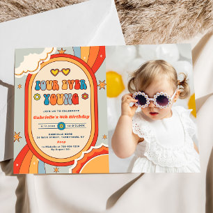 Four Ever Young Groovy Retro Rainbow Birthday  Invitation