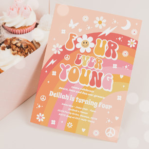 Four Ever Young Hippie 4th Birthday Party Invitation