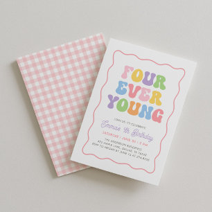 Four Ever Young Pink Gingham Girls 4th Birthday Invitation