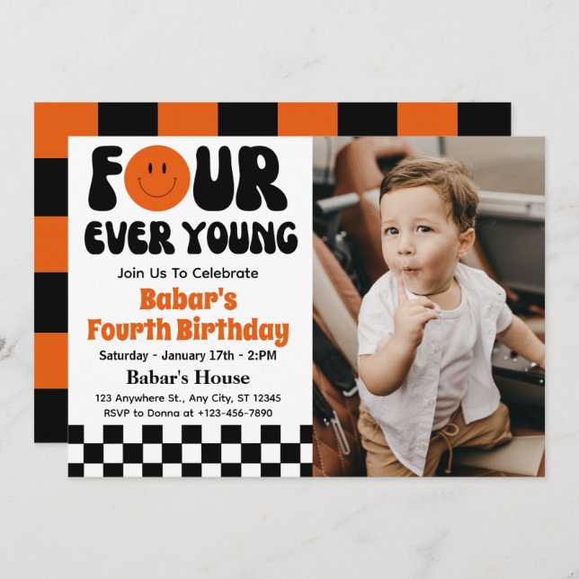 Four Ever Young Retro Boy 4th Birthday  Invitation (Front/Back)