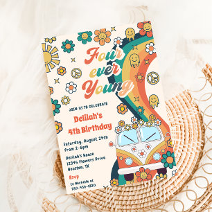 Four ever Young Retro Floral 4th Birthday Party Invitation