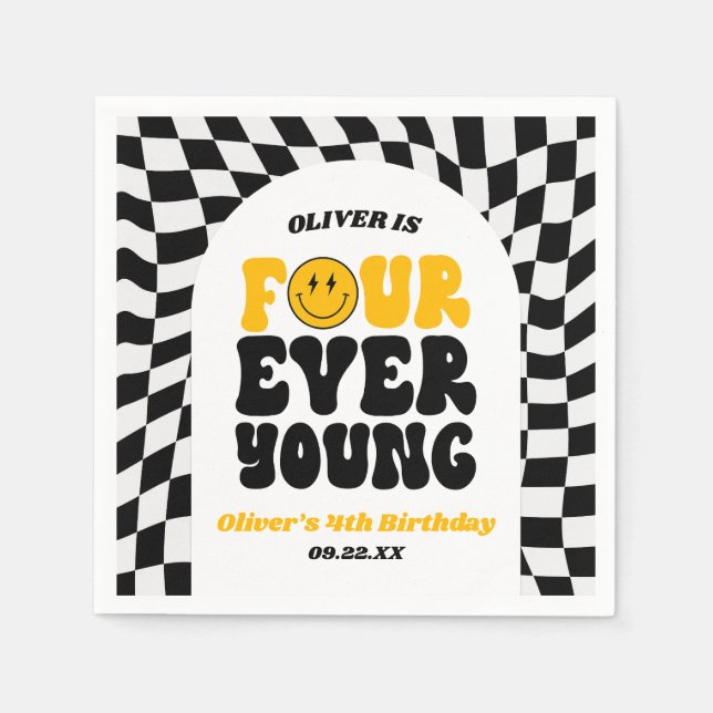Four Ever Young Retro Fourth 4th Birthday Party Napkin (Front)