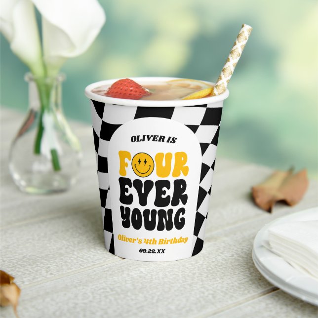 Four Ever Young Retro Fourth 4th Birthday Party Paper Cups (Insitu)
