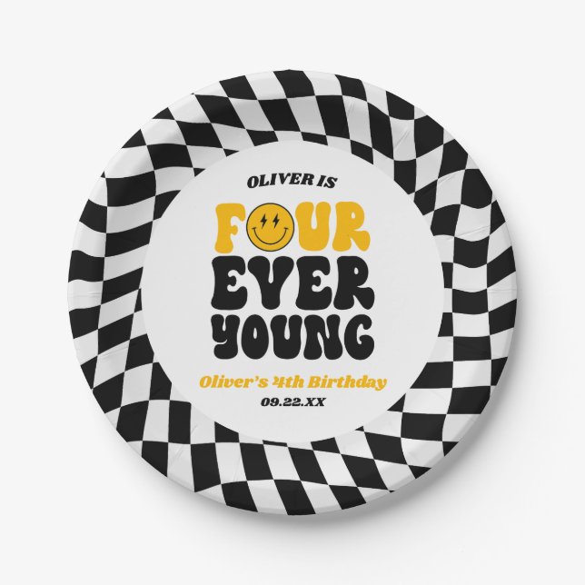 Four Ever Young Retro Fourth 4th Birthday Party Paper Plate (Front)