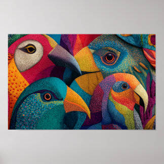 Four exotic coloured and patterned birds poster