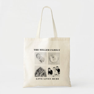 four family photo collage monogram tote bag